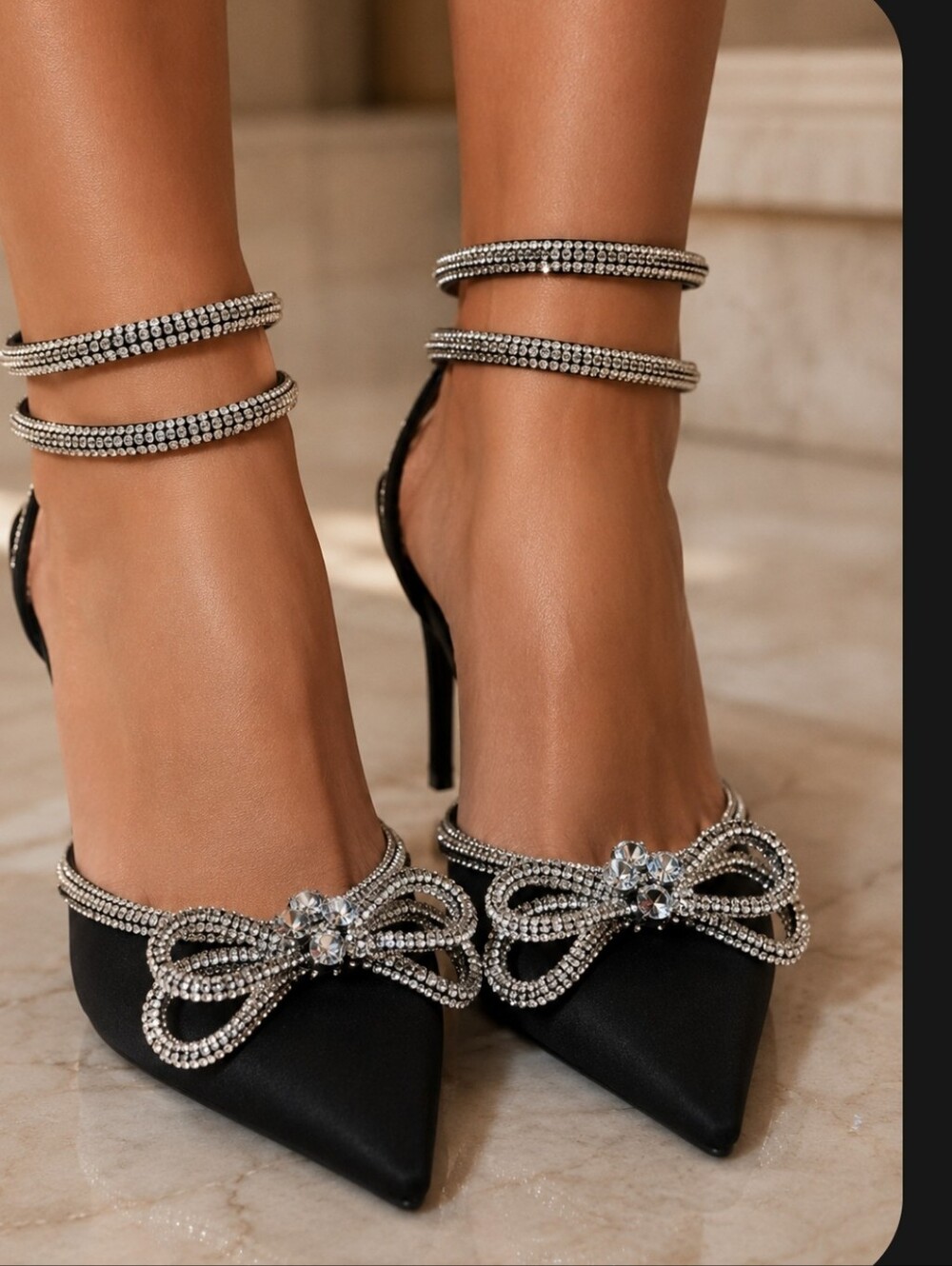 Liliana Black Satin Rhinestone Bow Wrap Heels Size 11 Evening Pumps